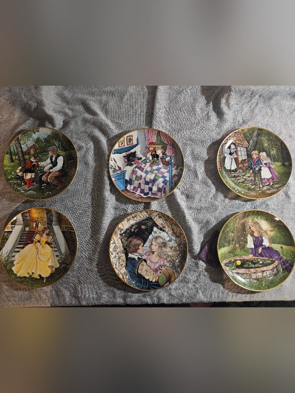 Vintage Fairy Tale Collector Plate Set of 6 - Gold Rimmed Decorative Wall Plates